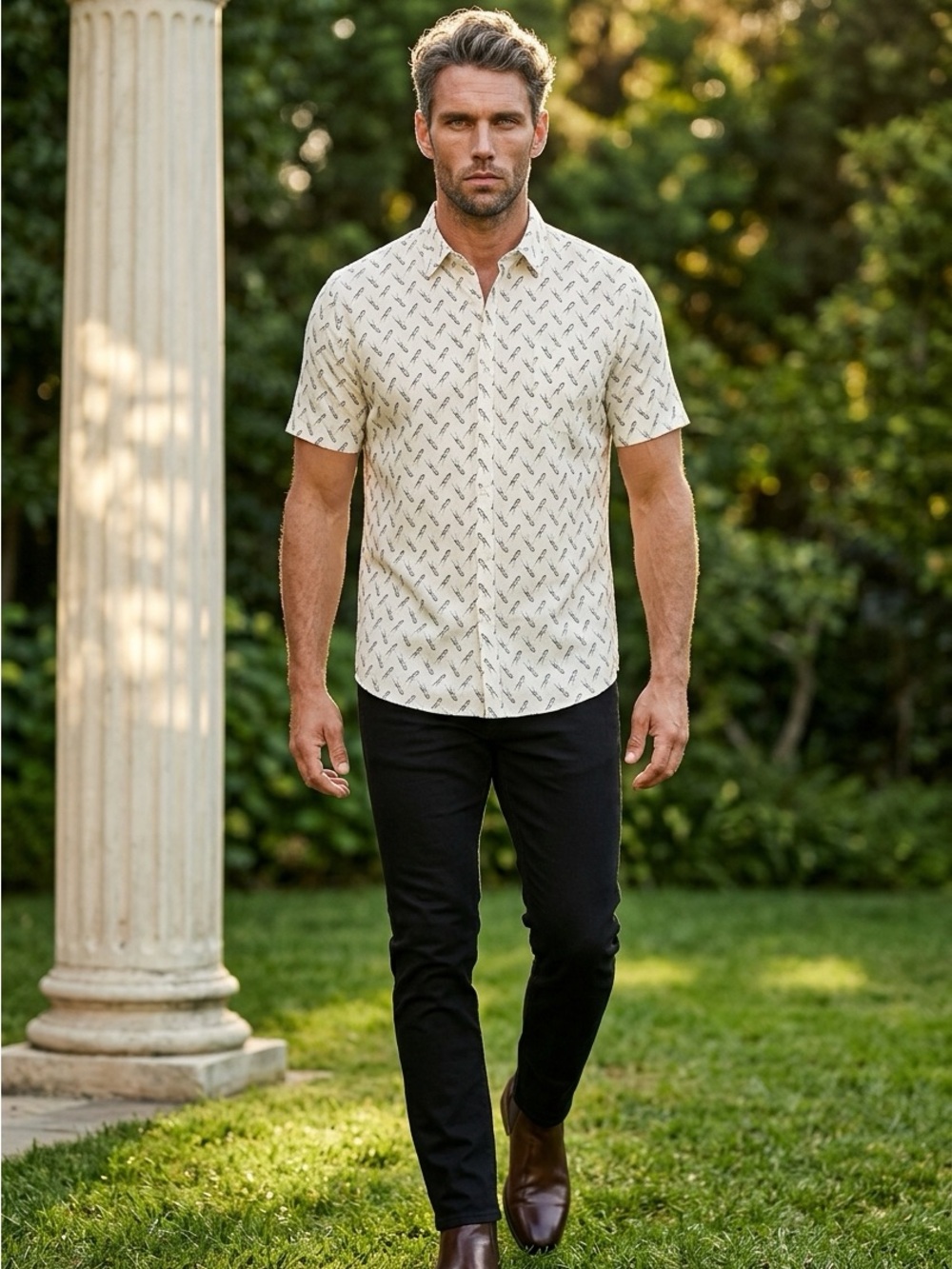🚘 NWOT Amazon Essentials Cream Short-Sleeve BIRD Printed Button-Down Shirt SLIM